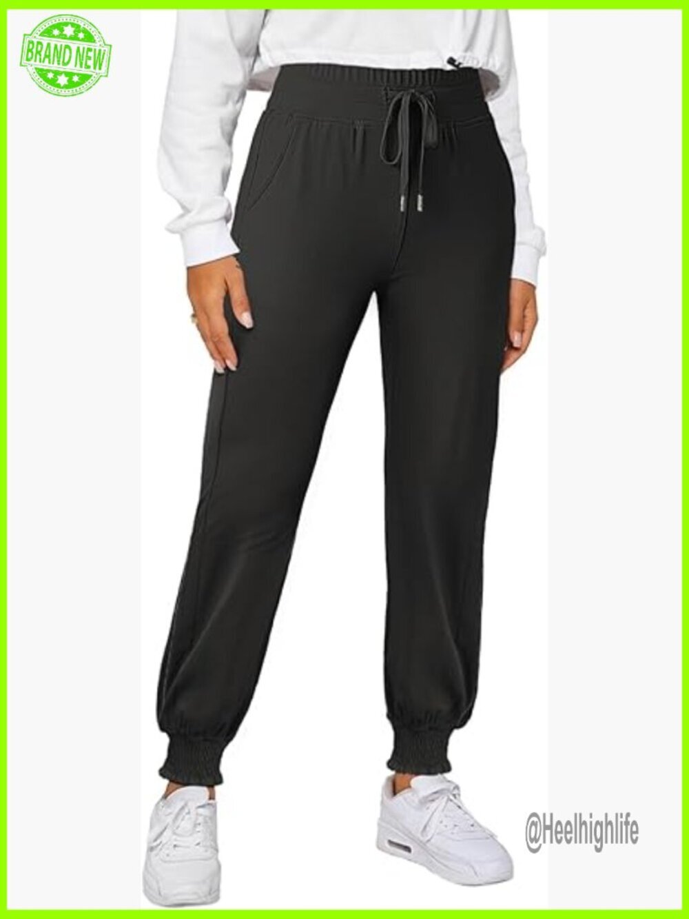 High Waisted Joggers with Side Pockets, Elastic Drawstring, Cuffed Ankles